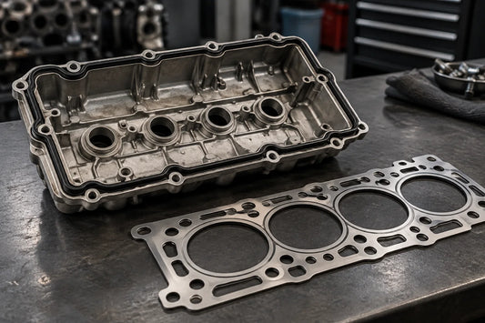 Illustration of a valve cover gasket and cylinder head gasket on an automotive workbench