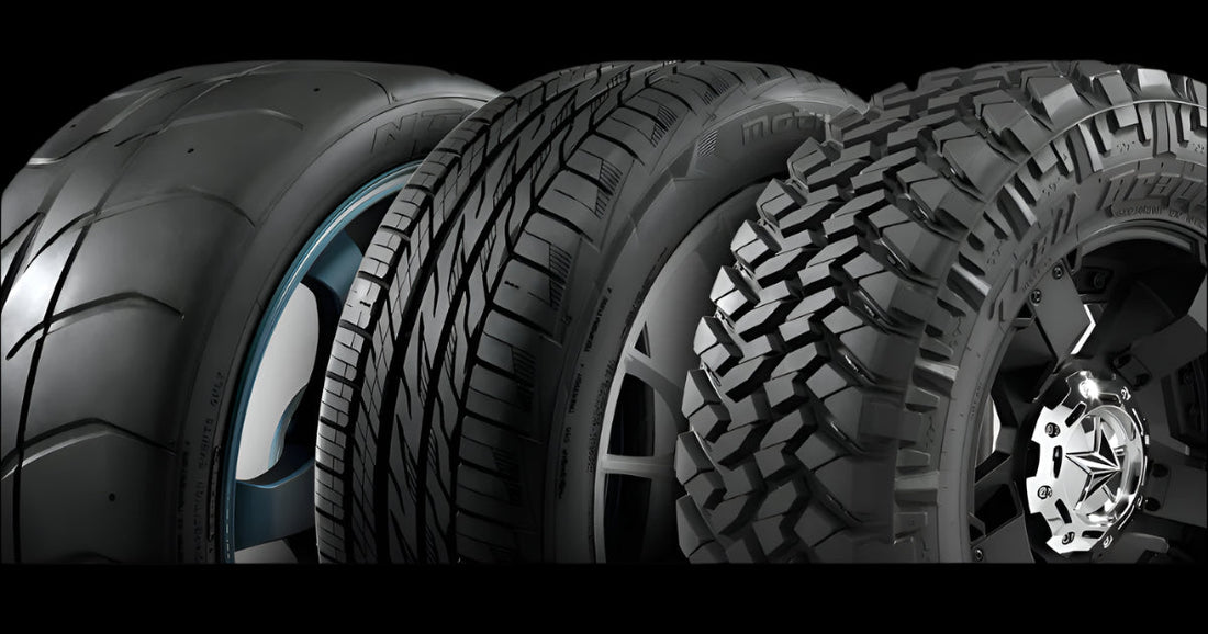 Three tires showing different tread patterns for street and off-road driving