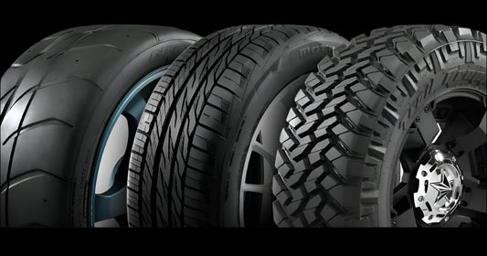 Three tires showing different tread patterns for street and off-road driving