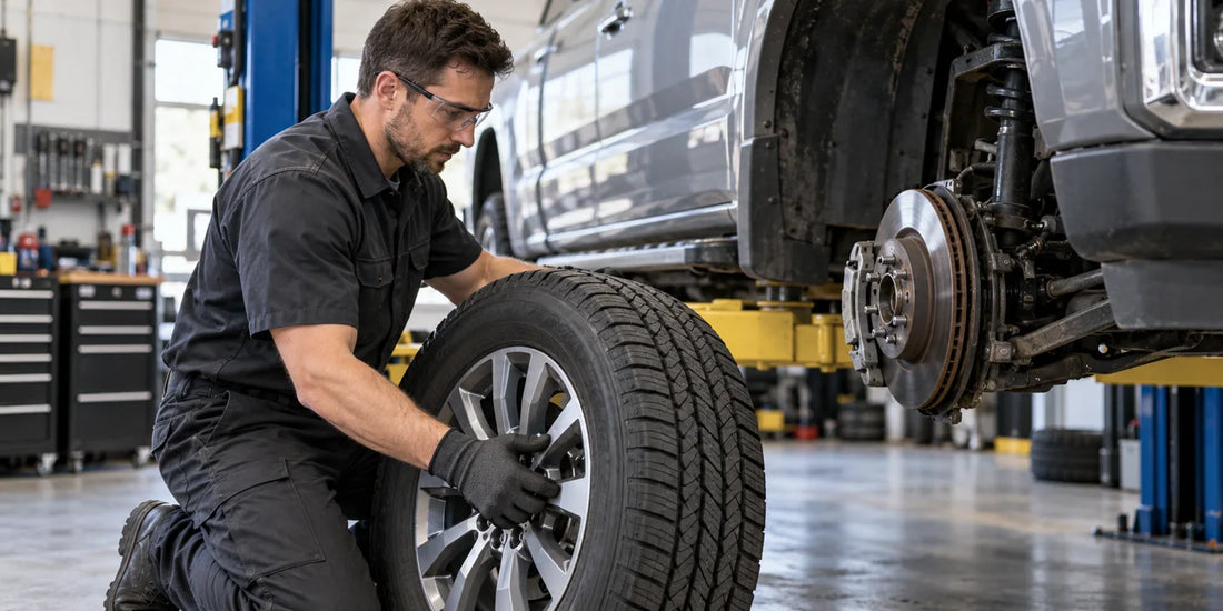 Illustration of a mechanic handling a truck wheel during tire service