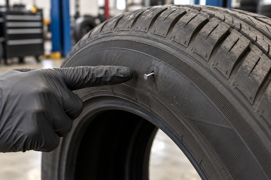 Technician inspecting a nail puncture in a tire sidewall