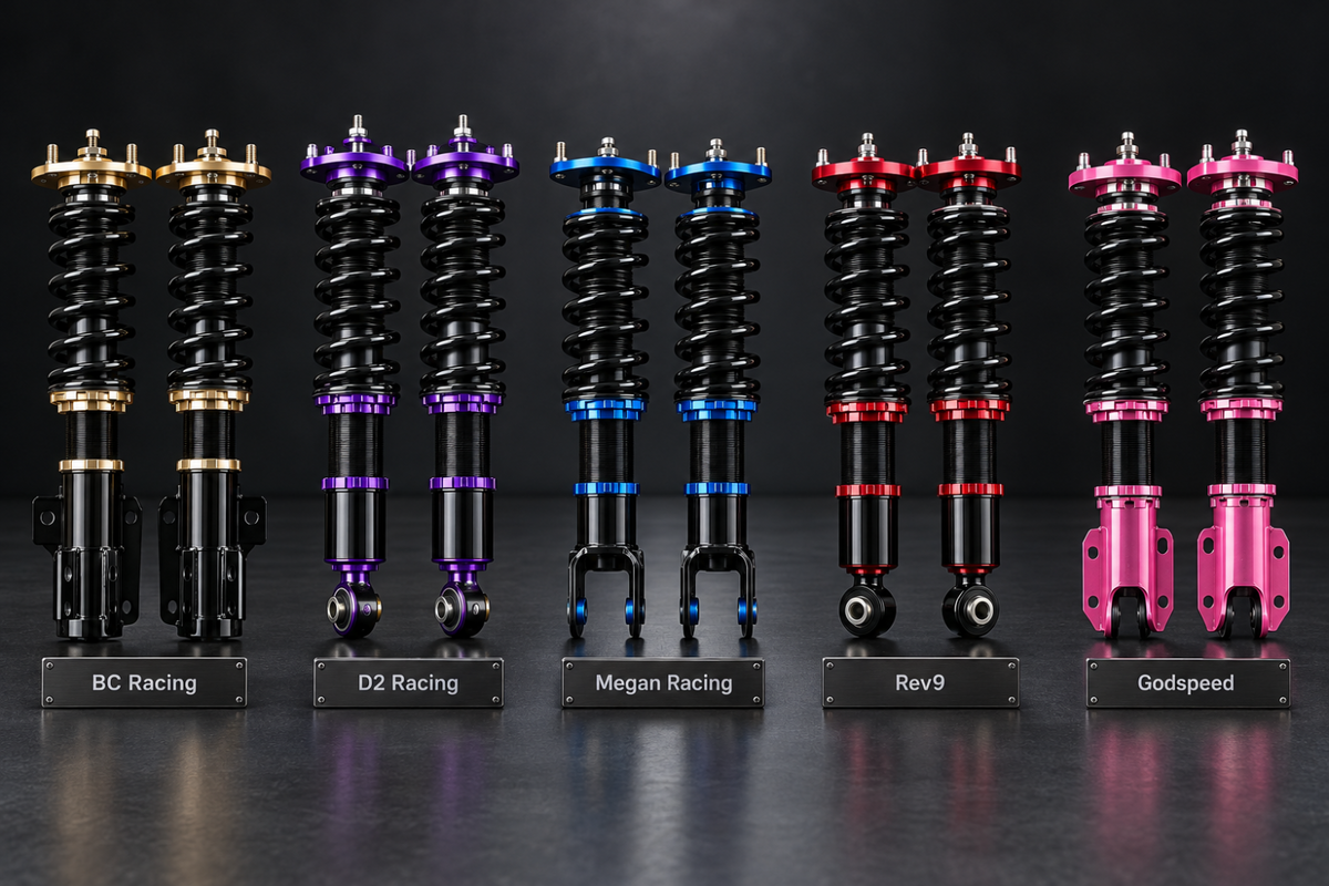 Illustrated coilover lineup featuring BC Racing, D2 Racing, Megan Racing, Rev9, and Godspeed.