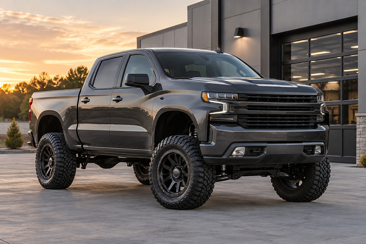 Lifted gray pickup truck with all-terrain tires and custom wheels.