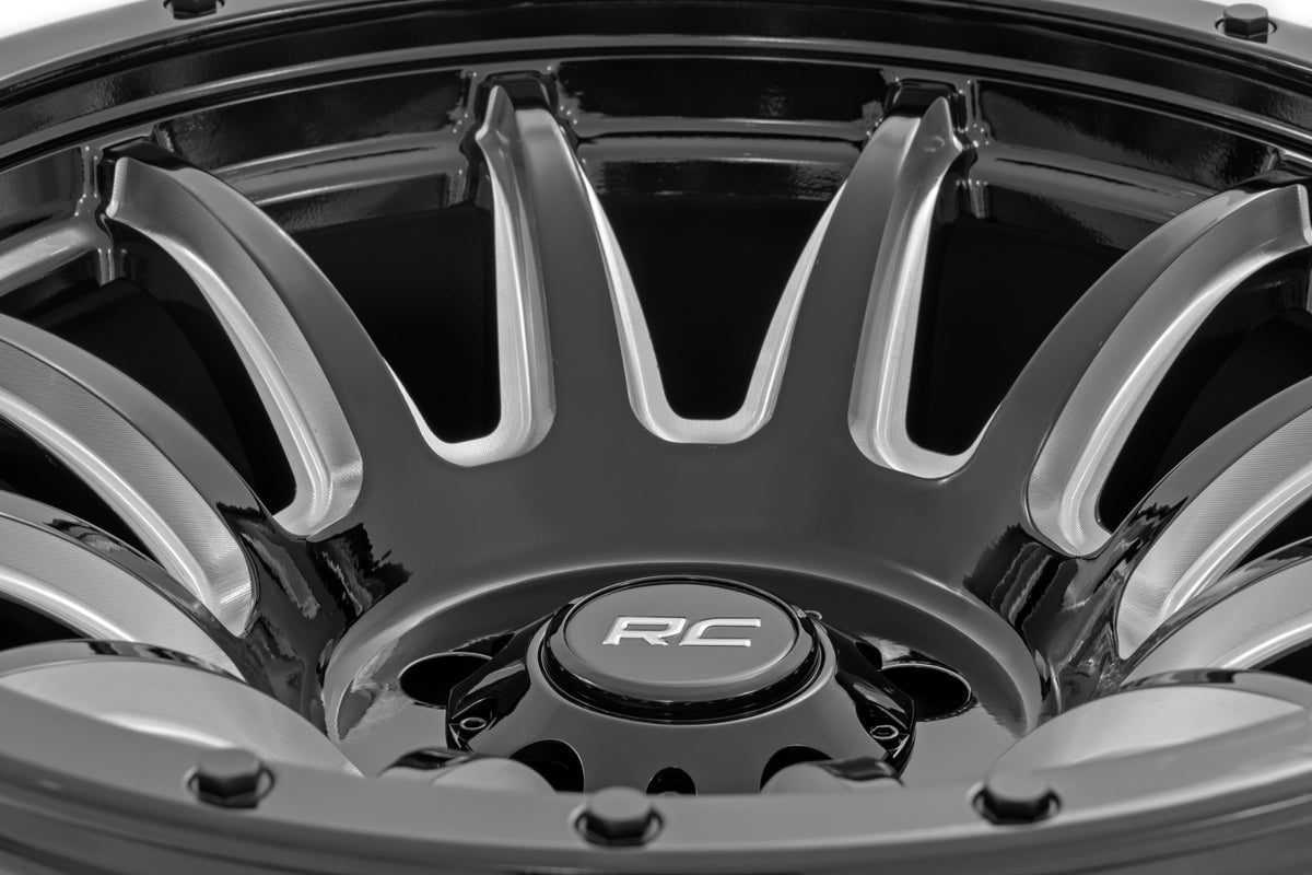 Rough Country 90 Series Wheel | One-Piece | Gloss Black w/machined spokes | 20x10 | 8x170 | -19mm